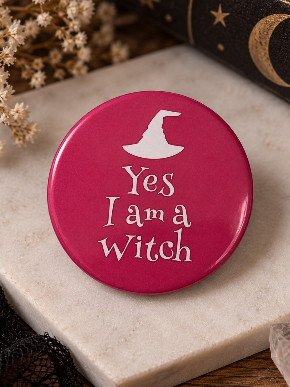 Pink "Yes I Am a Witch" Metal and Plastic Pin Brooch New